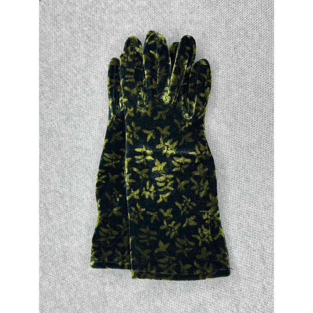 Velvet Retro Gloves Green Black Womens Sz S/M